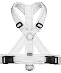 BUMER Hundegeschirr TON IN TON, gepolstert mit geteiltem Bruststeg, Größe XS, Gurtband PREMIUM Silken Snow, Softshell Weiss, Ringe silberfarbig (Edelstahl)