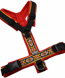 BUMER Hundegeschirr BOHO, gepolstert ohne geteilten Bruststeg, Größe S, Gurtband PREMIUM Pitch Black, Softshell Rot, Ringe schwarz (Edelstahl), Schnallen DURAFLEX®, Paspel Sonnenblume (komplett)