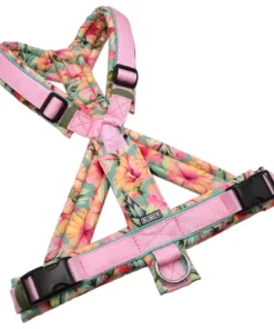 BUMER Hundegeschirr, gepolstert mit geteiltem Bruststeg, Größe L, Gurtband PREMIUM X Rosenzart, Softshell Hibiskusblüten, Ringe silberfarbig (Edelstahl), Paspel Minty Breeze (komplett), Applikation
