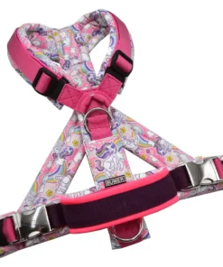 BUMER Hundegeschirr, gepolstert mit geteiltem Bruststeg, Größe M, Gurtband PREMIUM Himbeer Sorbet, Softshell Einhorn Fröhlich, Ringe silberfarbig (Edelstahl), Schnallen Aluminium, Handgriff
