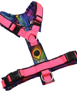 BUMER Hundegeschirr, gepolstert ohne geteilten Bruststeg, Größe S, Gurtband PREMIUM Vibrant Magenta, Softshell PFAU #4, Ringe silberfarbig (Edelstahl), Schnallen DURAFLEX®, Paspel schwarz (komplett), Applikation