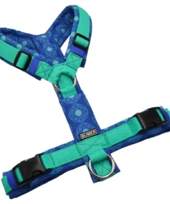 BUMER Hundegeschirr, gepolstert ohne geteilten Bruststeg, Größe S, Gurtband PREMIUM X Minze, Softshell Indigo Lotus, Ringe silberfarbig (Edelstahl), Schnallen DURAFLEX®, Applikation