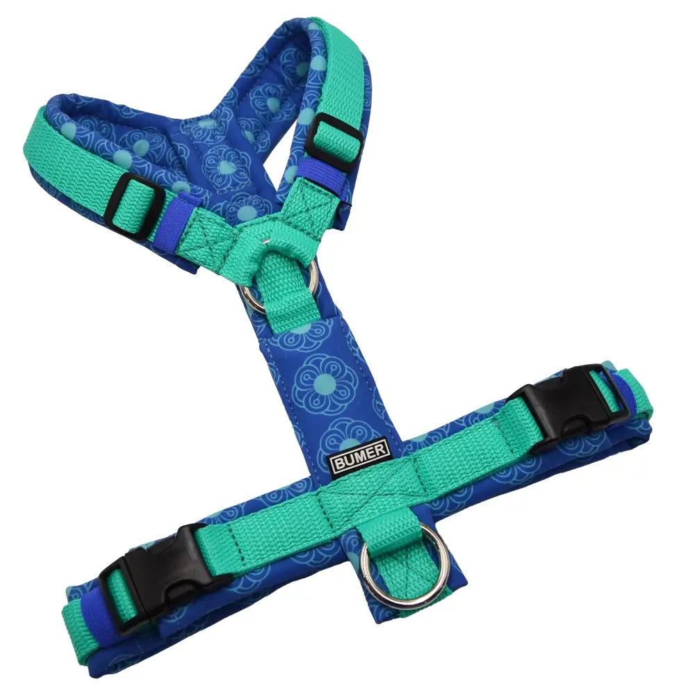 BUMER Hundegeschirr, gepolstert ohne geteilten Bruststeg, Größe S, Gurtband PREMIUM X Minze, Softshell Indigo Lotus, Ringe silberfarbig (Edelstahl), Schnallen DURAFLEX®, Applikation