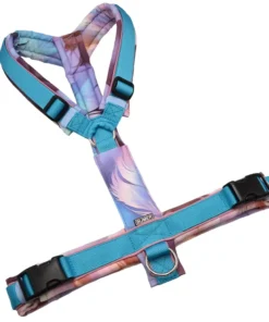 BUMER Hundegeschirr, gepolstert ohne geteilten Bruststeg, Größe XL, Gurtband PREMIUM Blue Lagoon, Softshell Federn #1, Ringe silberfarbig (Edelstahl), Schnallen schwarz (DURAFLEX®), Applikation