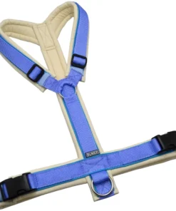 BUMER Hundegeschirr, gepolstert ohne geteilten Bruststeg, Größe XL, Gurtband PREMIUM X Light Blue, Softshell Champagne, Ringe silberfarbig (Edelstahl), Schnallen schwarz (DURAFLEX®)