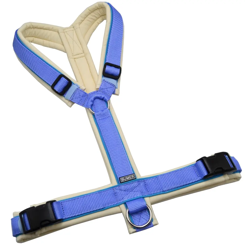 BUMER Hundegeschirr, gepolstert ohne geteilten Bruststeg, Größe XL, Gurtband PREMIUM X Light Blue, Softshell Champagne, Ringe silberfarbig (Edelstahl), Schnallen schwarz (DURAFLEX®)
