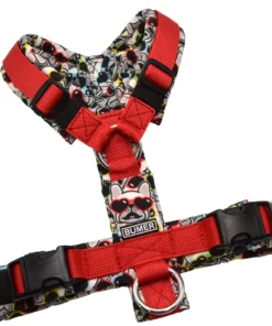 BUMER Hundegeschirr, gepolstert ohne geteilten Bruststeg, Größe XS, Gurtband PREMIUM Flammenrot, Softshell FRENCHIE IN LOVE #2, Ringe silberfarbig (Edelstahl), Schnallen DURAFLEX®, Applikation