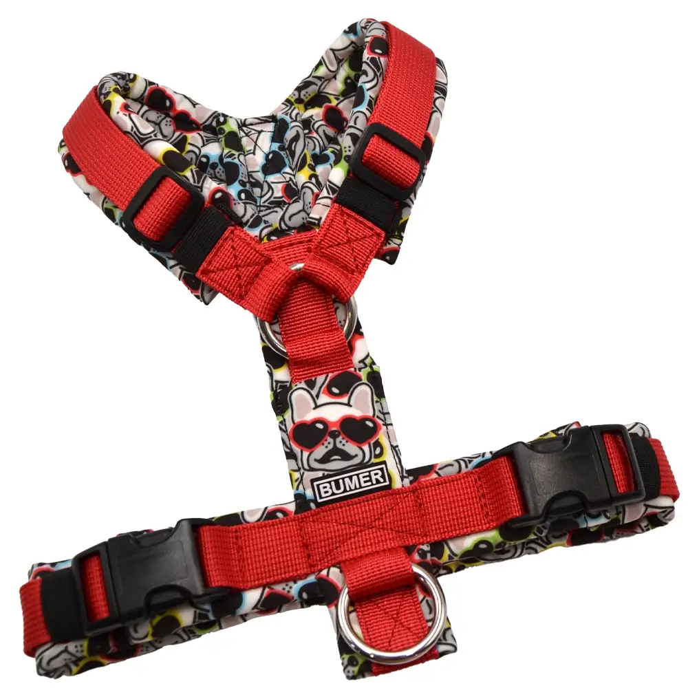 BUMER Hundegeschirr, gepolstert ohne geteilten Bruststeg, Größe XS, Gurtband PREMIUM Flammenrot, Softshell FRENCHIE IN LOVE #2, Ringe silberfarbig (Edelstahl), Schnallen DURAFLEX®, Applikation