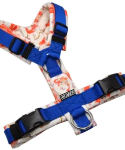 BUMER Hundegeschirr, gepolstert ohne geteilten Bruststeg, Größe XS, Gurtband PREMIUM Royal Sapphire, Softshell FISCHTANZ IN CYAN, Ringe silberfarbig (Edelstahl), Schnallen DURAFLEX®, Applikation