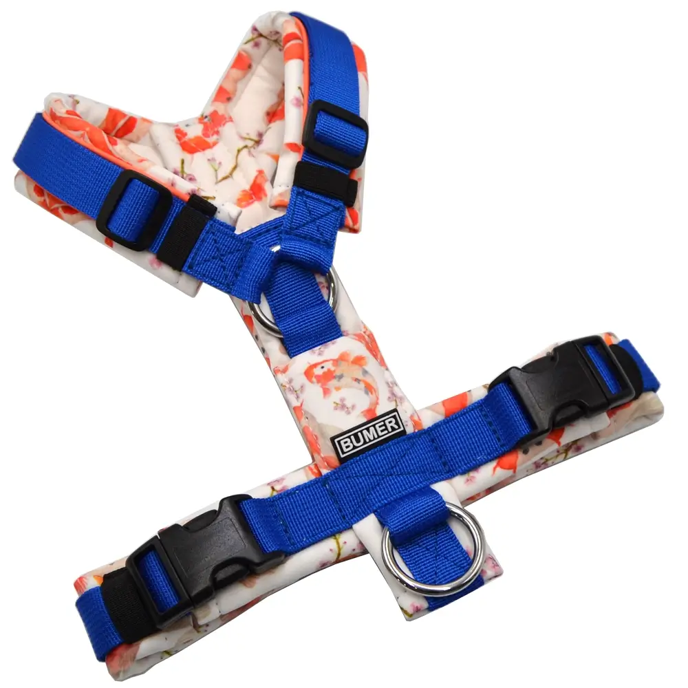 BUMER Hundegeschirr, gepolstert ohne geteilten Bruststeg, Größe XS, Gurtband PREMIUM Royal Sapphire, Softshell FISCHTANZ IN CYAN, Ringe silberfarbig (Edelstahl), Schnallen DURAFLEX®, Applikation