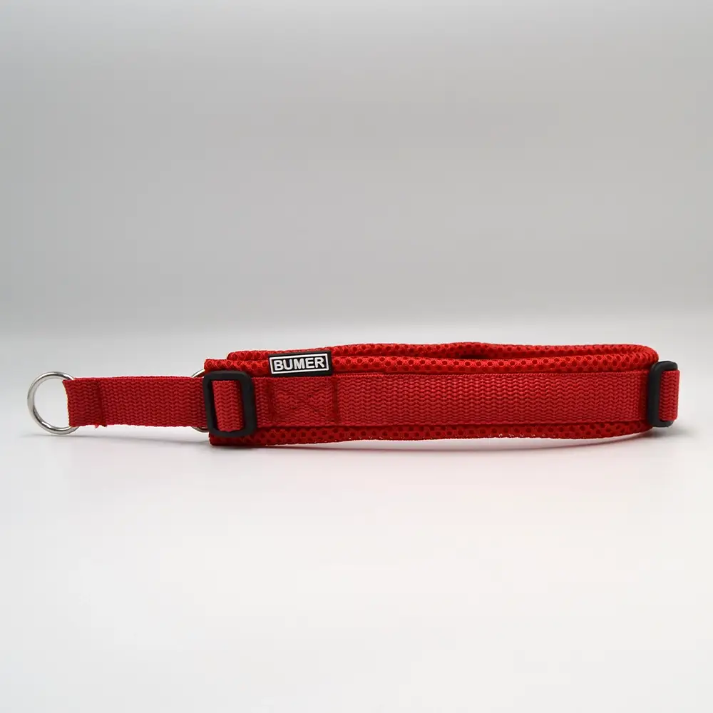 BUMER Zug-Stopp Halsband, Hundehalsband für Hunde, gepolstert, Halsumfang 40-46 cm, Gurtband Rot, MESH rot, Ringe silberfarbig (Edelstahl)