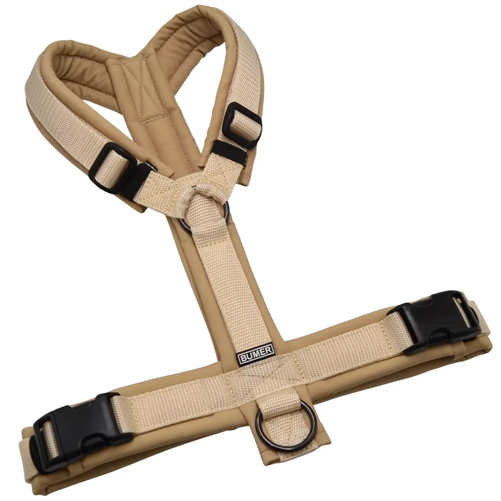 BUMER1000 Hundegeschirr, gepolstert ohne geteilten Bruststeg, Zwischengröße M/L, Gurtband Haut, Softshell Brauntöne (BR-6155), Ringe schwarz (Edelstahl), Schnallen DURAFLEX®