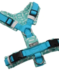 BUMER Hundegeschirr, gepolstert ohne geteilten Bruststeg, Größe XXS, Gurtband PREMIUM X Glacier Breeze, Softshell RETRO 80 #1, Ringe silberfarbig (Edelstahl), Schnallen schwarz (DURAFLEX®), Paspel Türkis Twirl (komplett), Applikation