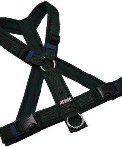 BUMER Hundegeschirr, gepolstert mit geteiltem Bruststeg, Größe S/M, Gurtband PREMIUM X Dunkelgrün, Softshell Waldnachtgrün, Ringe silberfarbig (Edelstahl), Schnallen DURAFLEX®