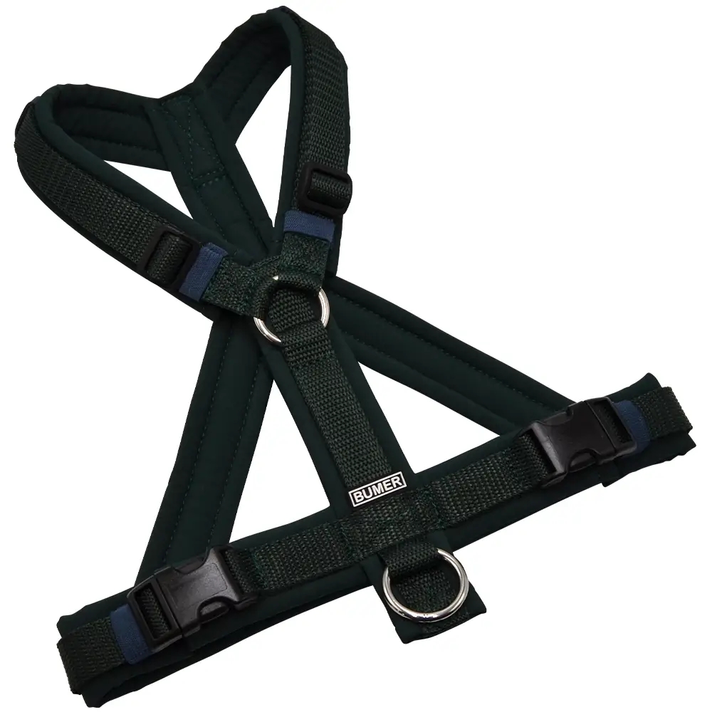 BUMER Hundegeschirr, gepolstert mit geteiltem Bruststeg, Größe S/M, Gurtband PREMIUM X Dunkelgrün, Softshell Waldnachtgrün, Ringe silberfarbig (Edelstahl), Schnallen DURAFLEX®