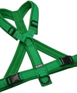 BUMER Hundegeschirr, gepolstert mit geteiltem Bruststeg, Größe S/M, Gurtband PREMIUM X Fern Fantasy, Softshell Farngrün, Ringe schwarz (Edelstahl), Schnallen DURAFLEX®