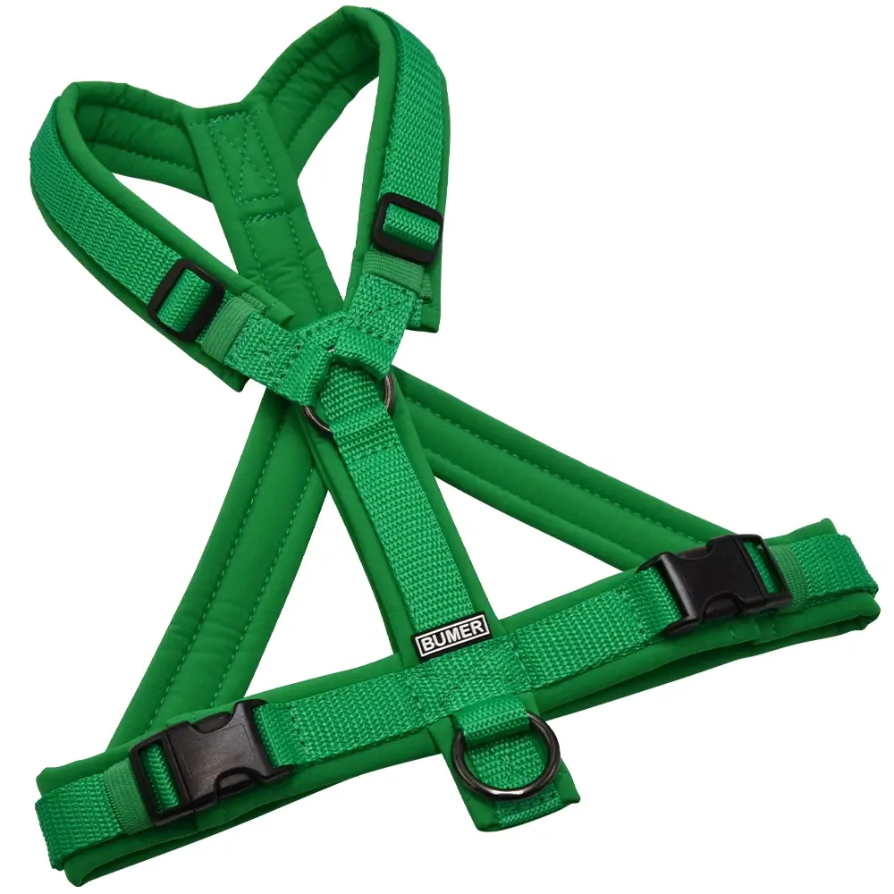 BUMER Hundegeschirr, gepolstert mit geteiltem Bruststeg, Größe S/M, Gurtband PREMIUM X Fern Fantasy, Softshell Farngrün, Ringe schwarz (Edelstahl), Schnallen DURAFLEX®