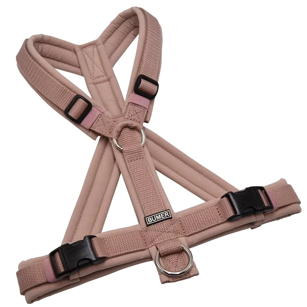 BUMER Hundegeschirr, gepolstert mit geteiltem Bruststeg, Größe S/M, Gurtband Schmutziges Rosa, Softshell Puderrosa, Ringe silberfarbig (Edelstahl), Schnallen DURAFLEX®