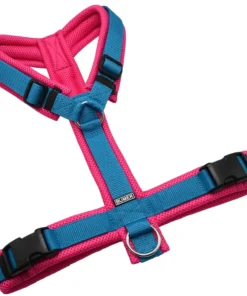 BUMER Hundegeschirr, gepolstert ohne geteilten Bruststeg, Größe L, Gurtband Petrol, MESH Pink, Ringe silberfarbig (Edelstahl), schwarz (DURAFLEX®)