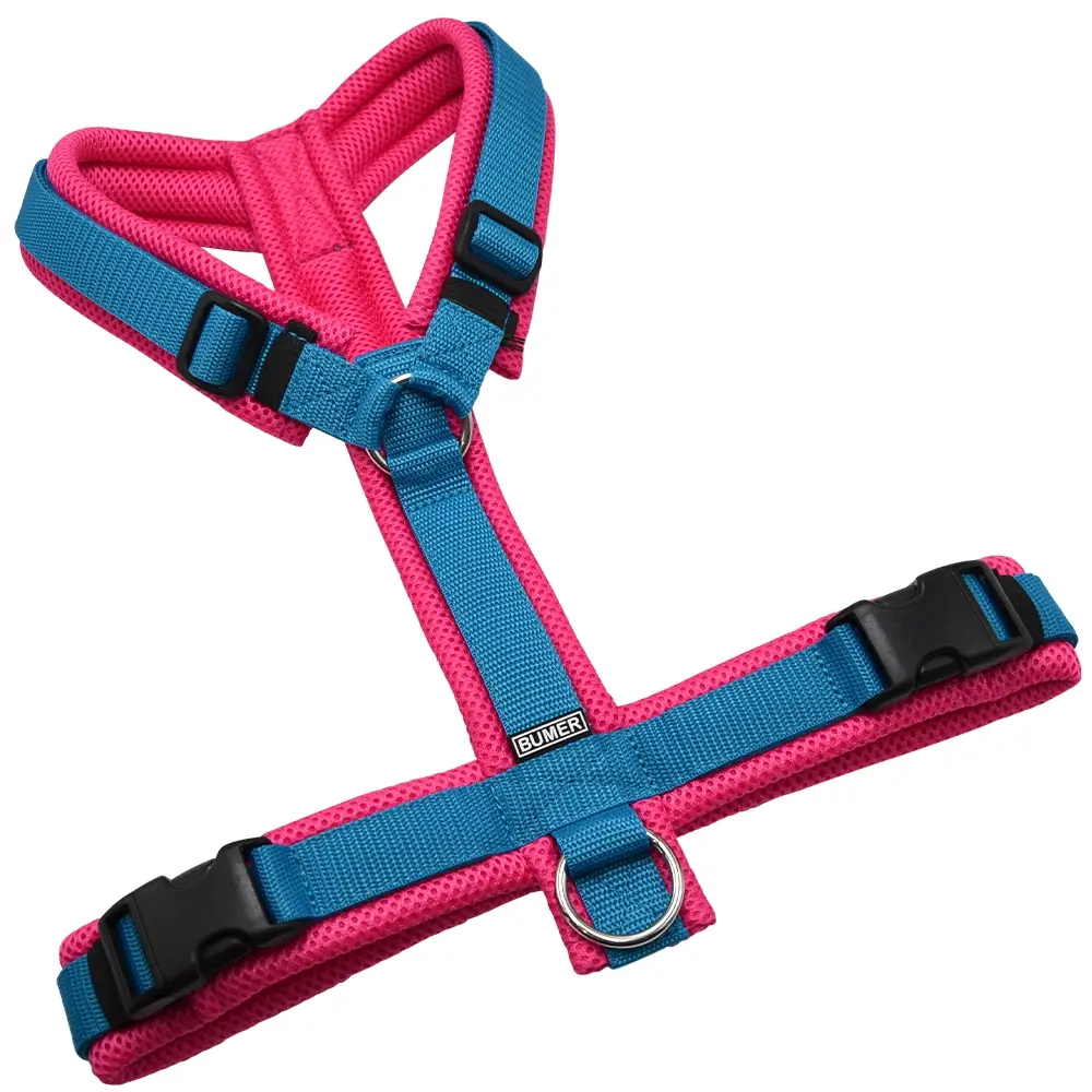 BUMER Hundegeschirr, gepolstert ohne geteilten Bruststeg, Größe L, Gurtband Petrol, MESH Pink, Ringe silberfarbig (Edelstahl), schwarz (DURAFLEX®)